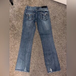 Seven7 Women's Bootcut Distressed jeans Embroidered Pockets size 28 low rise